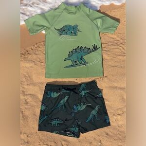 Carters Green & Gray Dinosaur Rashguard Swim Trunks Bathing Suit Set Boys 3T